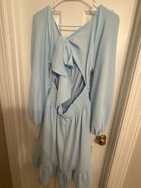 Light Blue Midi Dress with Back Tie and Smocked Waist